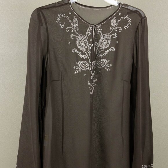 🤎 Vintage 100% Silk Embroidered Sheer Blouse – Brown, Beaded Detail - Picture 1 of 14
